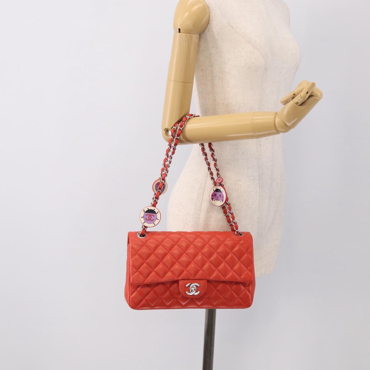 CHANEL Matelasse 25 Chain Shoulder Bag Lamb Skin Red Silver CC Auth 210079SM