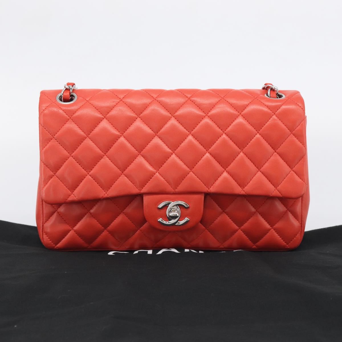 CHANEL Matelasse 25 Chain Shoulder Bag Lamb Skin Red Silver CC Auth 210079SM
