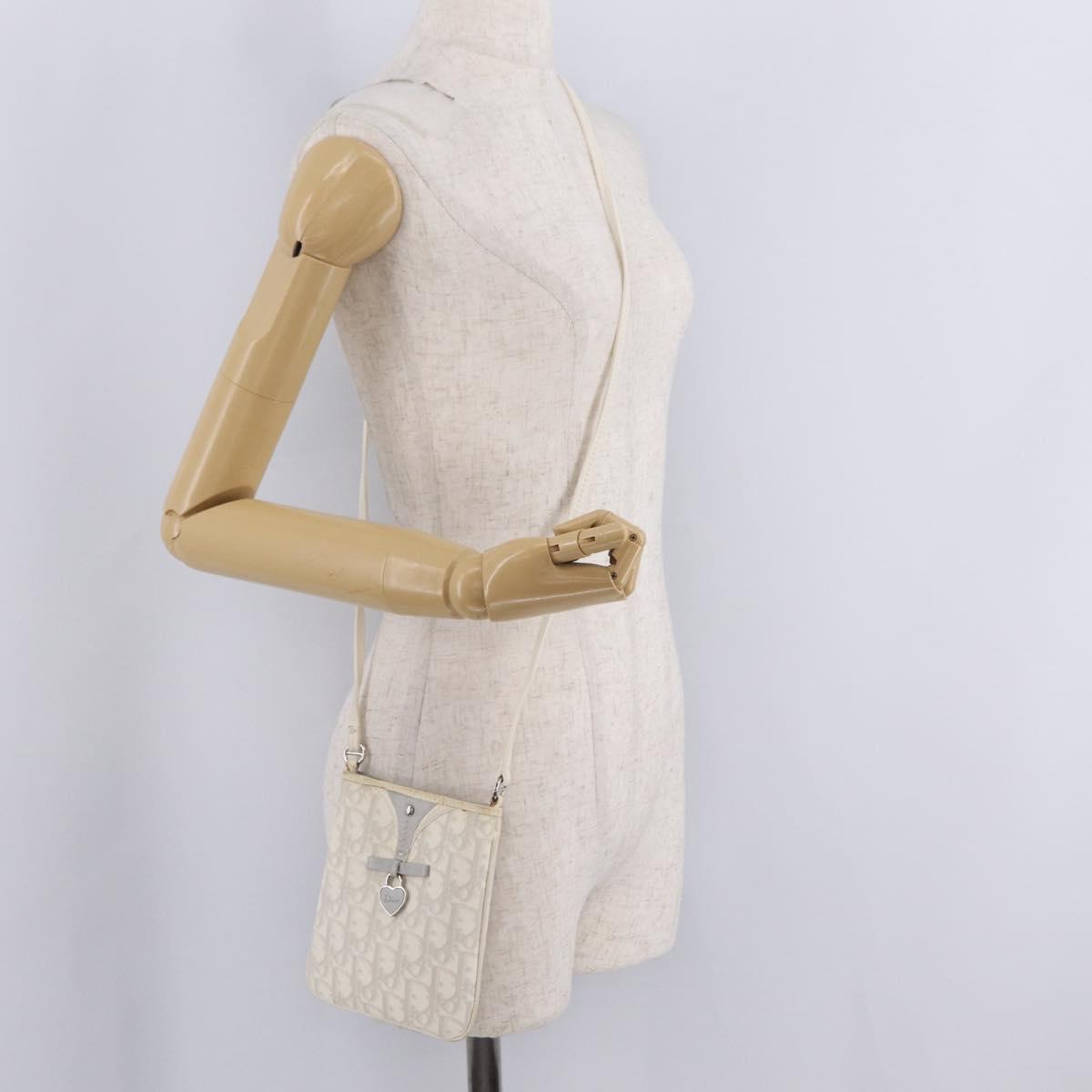 Christian Dior Trotter Canvas Romantic Shoulder Bag PVC White Silver Auth 210088
