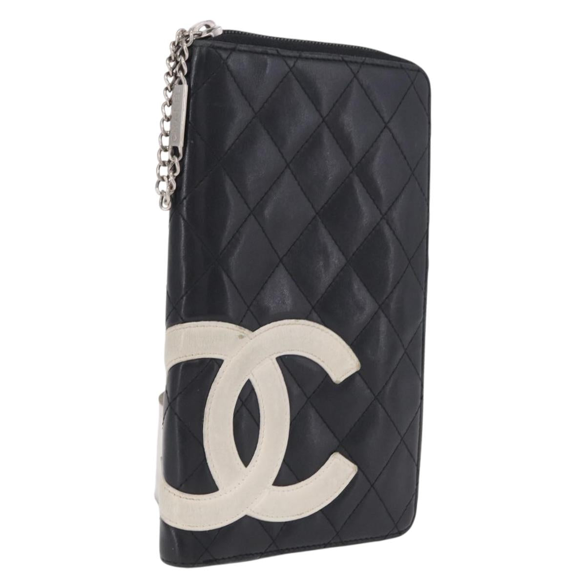 CHANEL Cambon Line Matelasse Long Wallet Leather Black Silver CC Auth 210097
