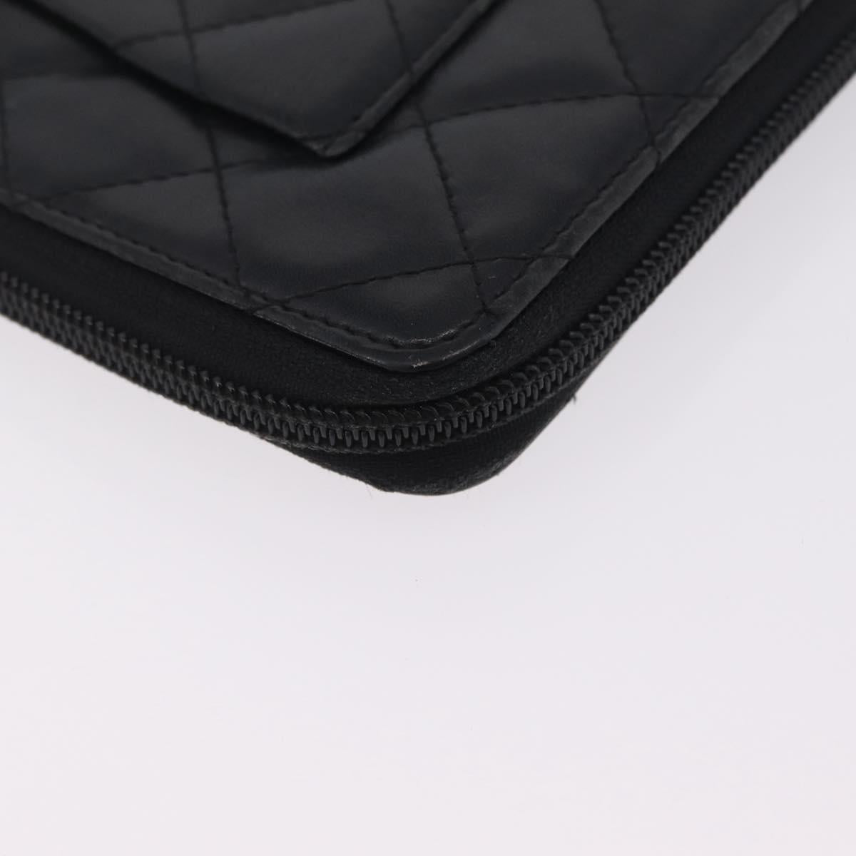 CHANEL Cambon Line Matelasse Long Wallet Leather Black Silver CC Auth 210097
