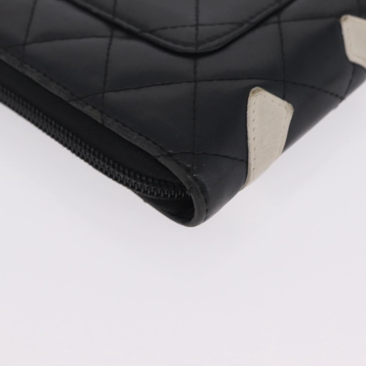 CHANEL Cambon Line Matelasse Long Wallet Leather Black Silver CC Auth 210097