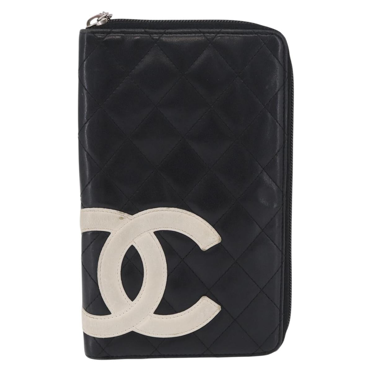 CHANEL Cambon Line Matelasse Long Wallet Leather Black Silver CC Auth 210097