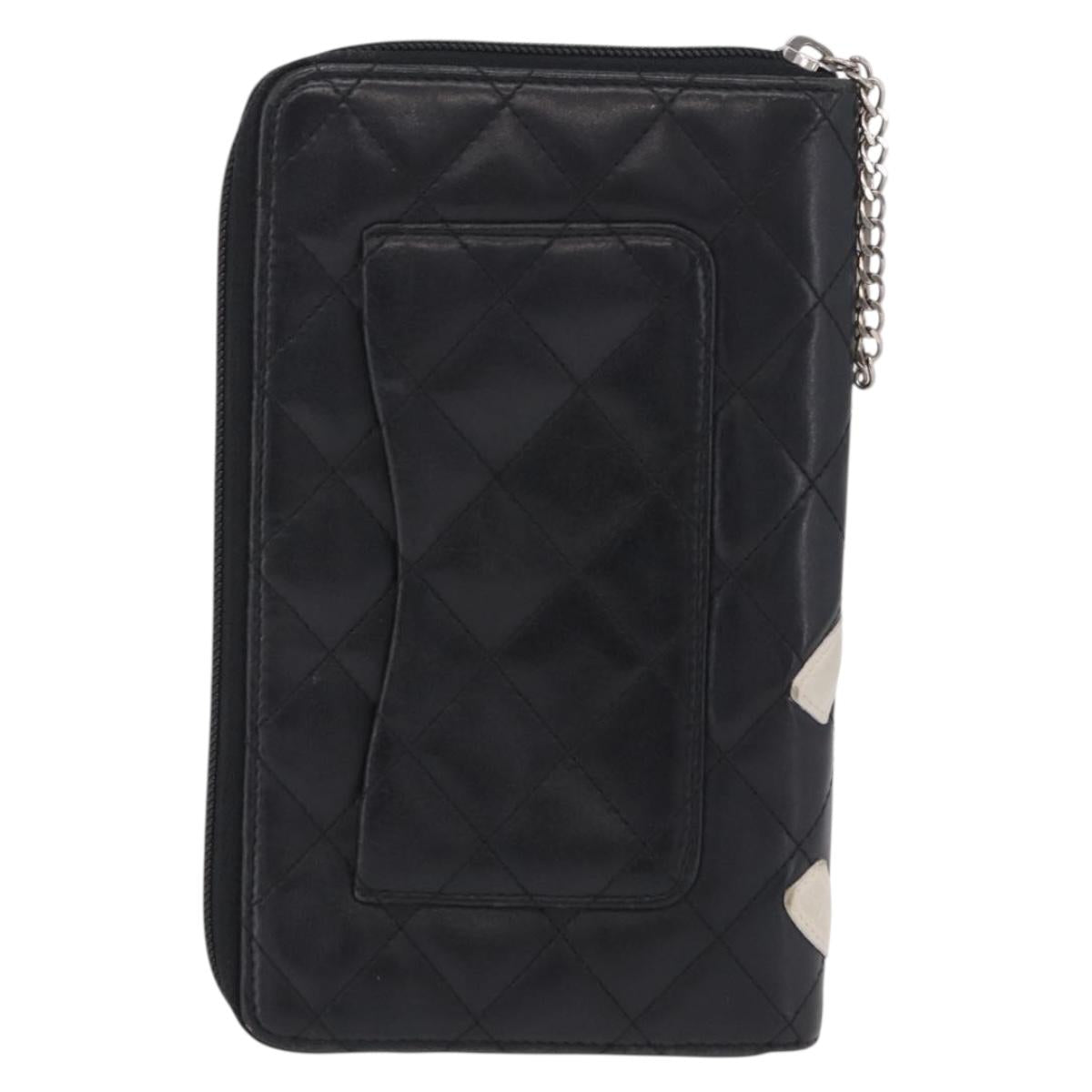 CHANEL Cambon Line Matelasse Long Wallet Leather Black Silver CC Auth 210097