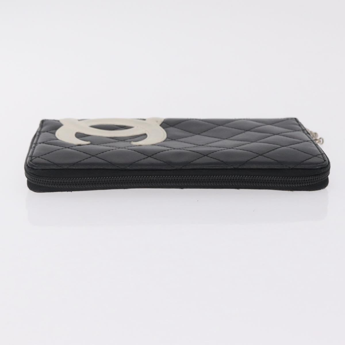 CHANEL Cambon Line Matelasse Long Wallet Leather Black Silver CC Auth 210097