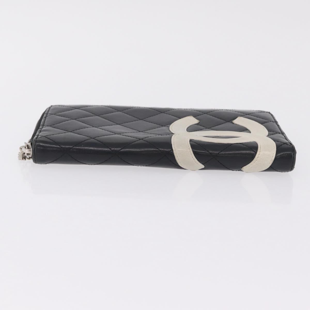 CHANEL Cambon Line Matelasse Long Wallet Leather Black Silver CC Auth 210097