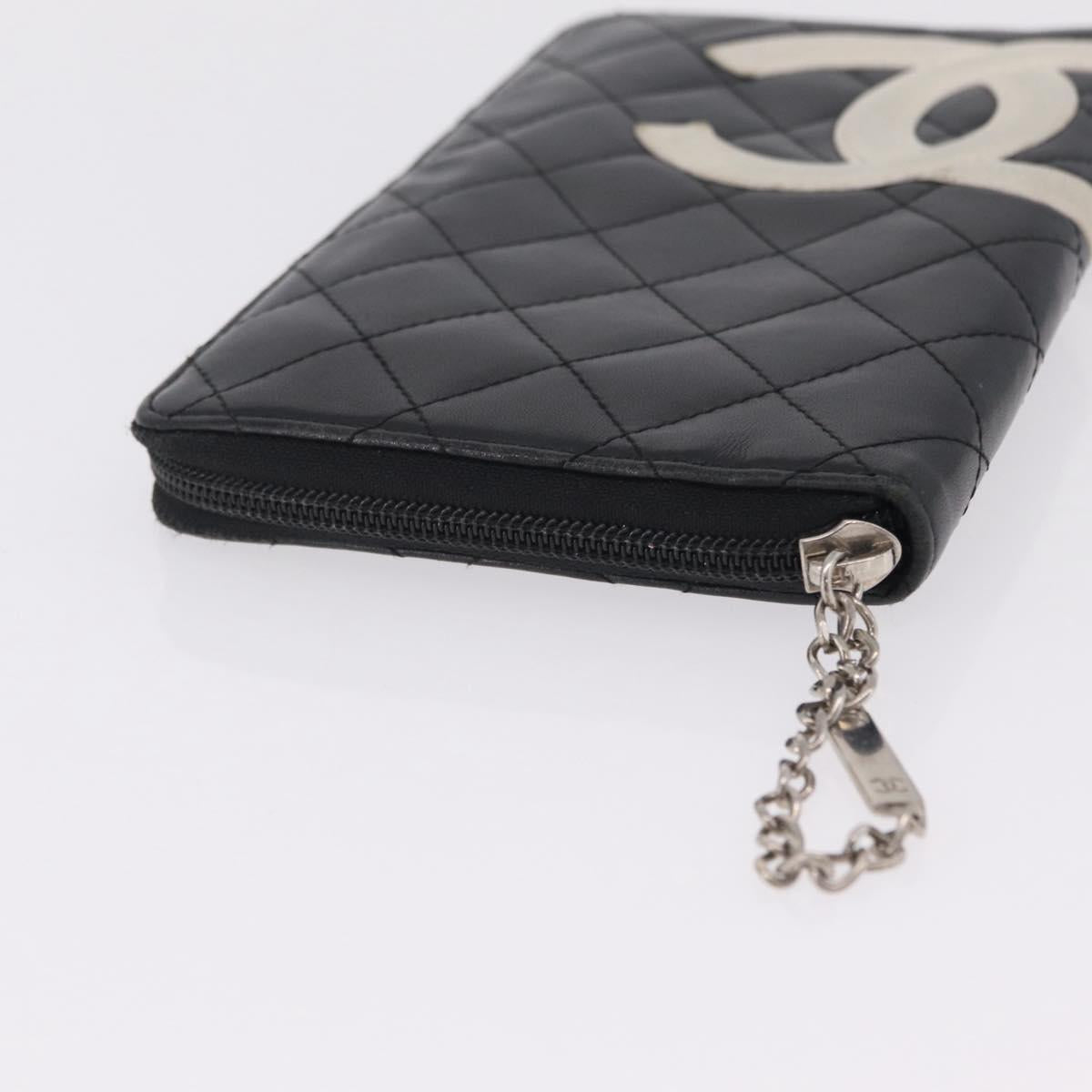 CHANEL Cambon Line Matelasse Long Wallet Leather Black Silver CC Auth 210097