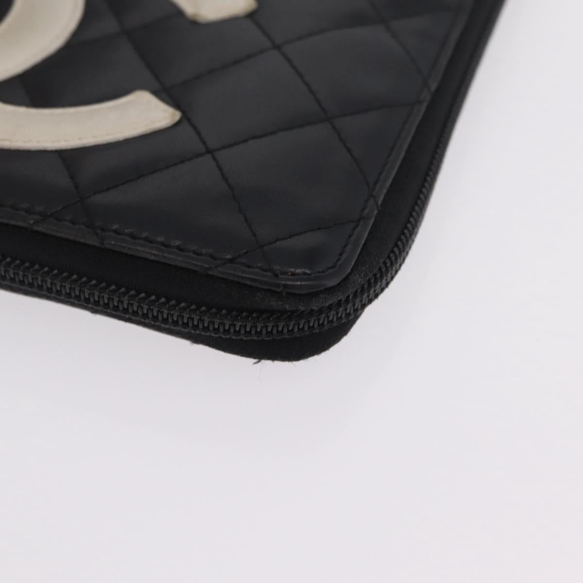 CHANEL Cambon Line Matelasse Long Wallet Leather Black Silver CC Auth 210097