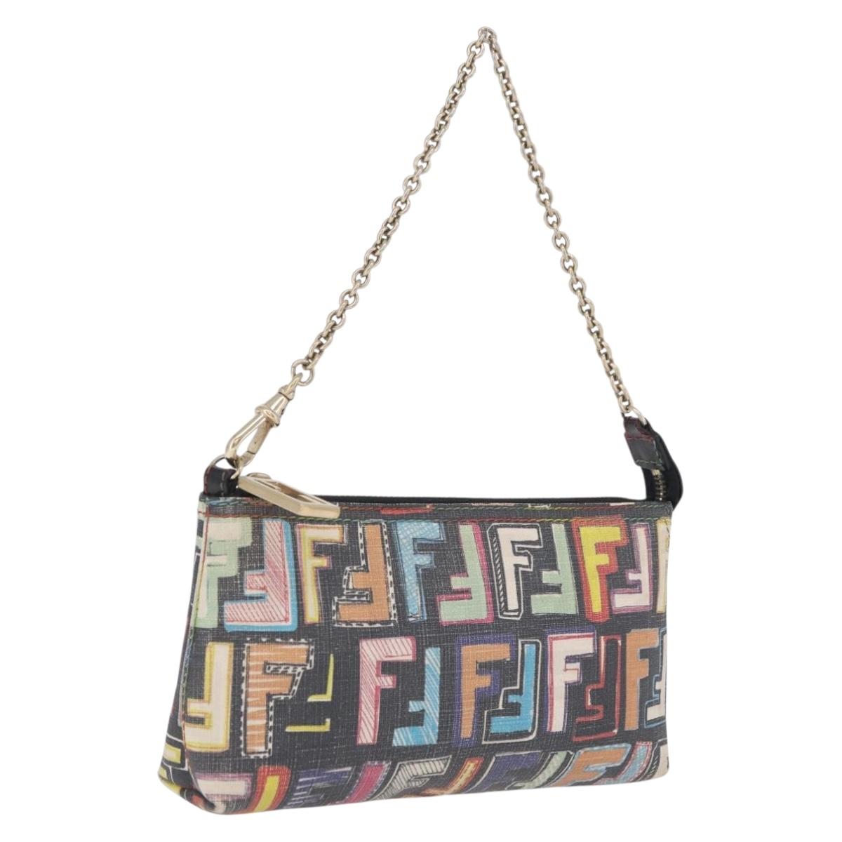 FENDI Zucca Canvas Chain Shoulder Pouch PVC Multicolor Gold Auth 210098A