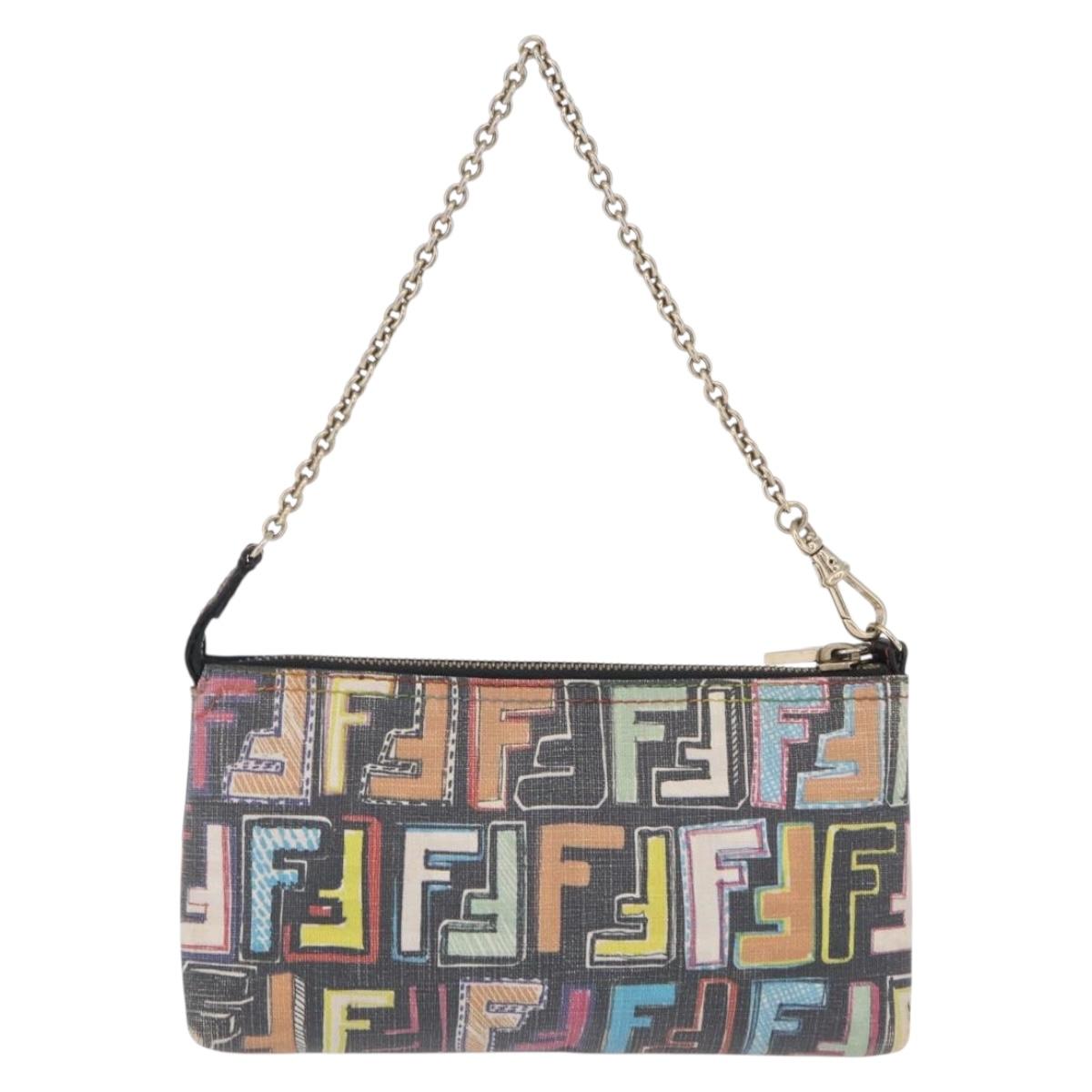 FENDI Zucca Canvas Chain Shoulder Pouch PVC Multicolor Gold Auth 210098A