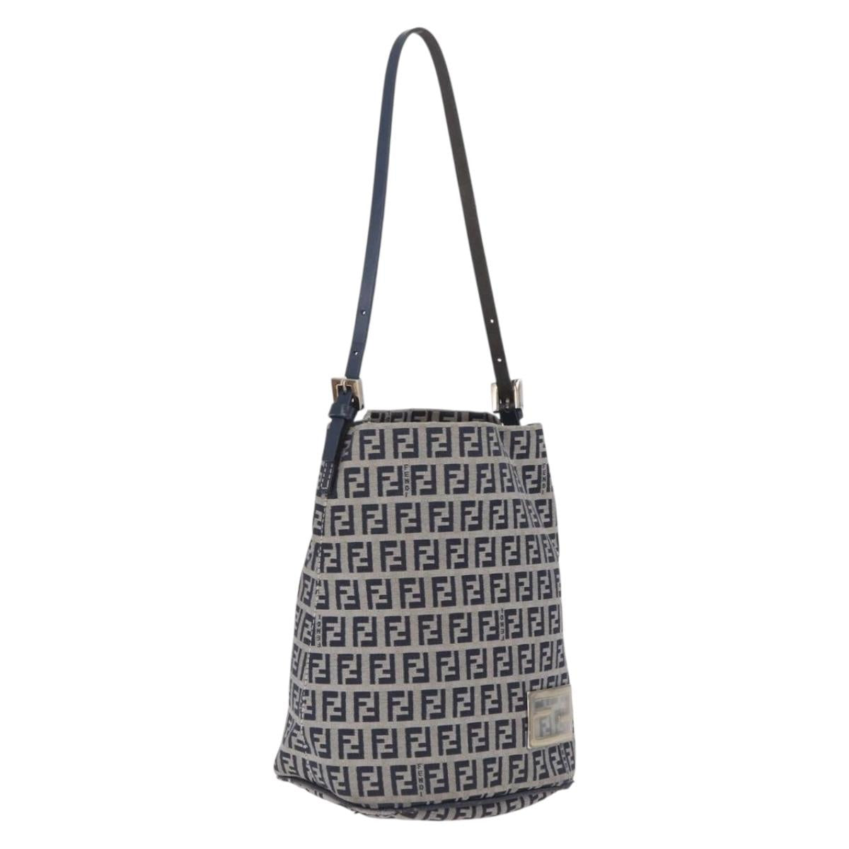 FENDI Zucchino Canvas Hand Bag Navy Silver Auth 210099