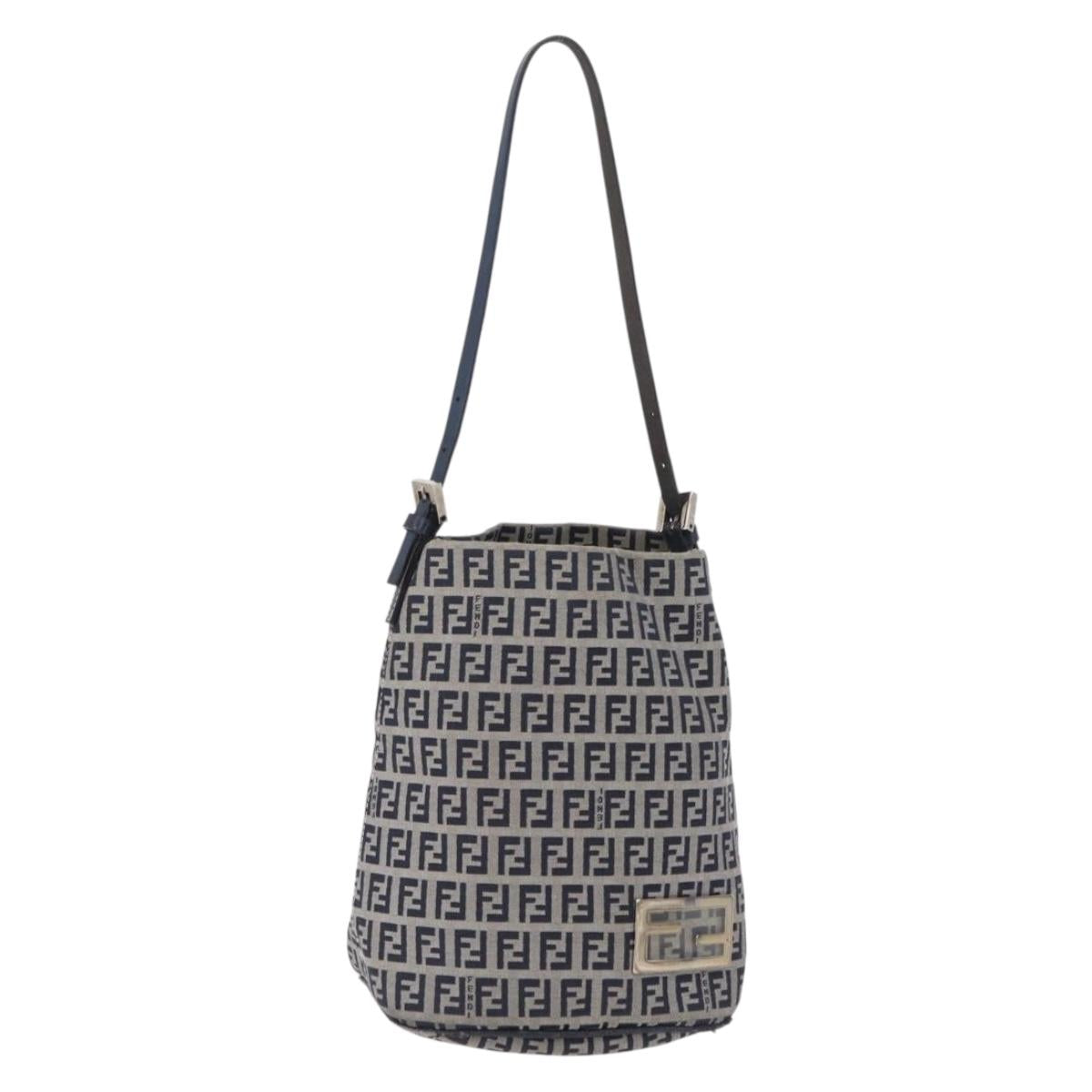 FENDI Zucchino Canvas Hand Bag Navy Silver Auth 210099