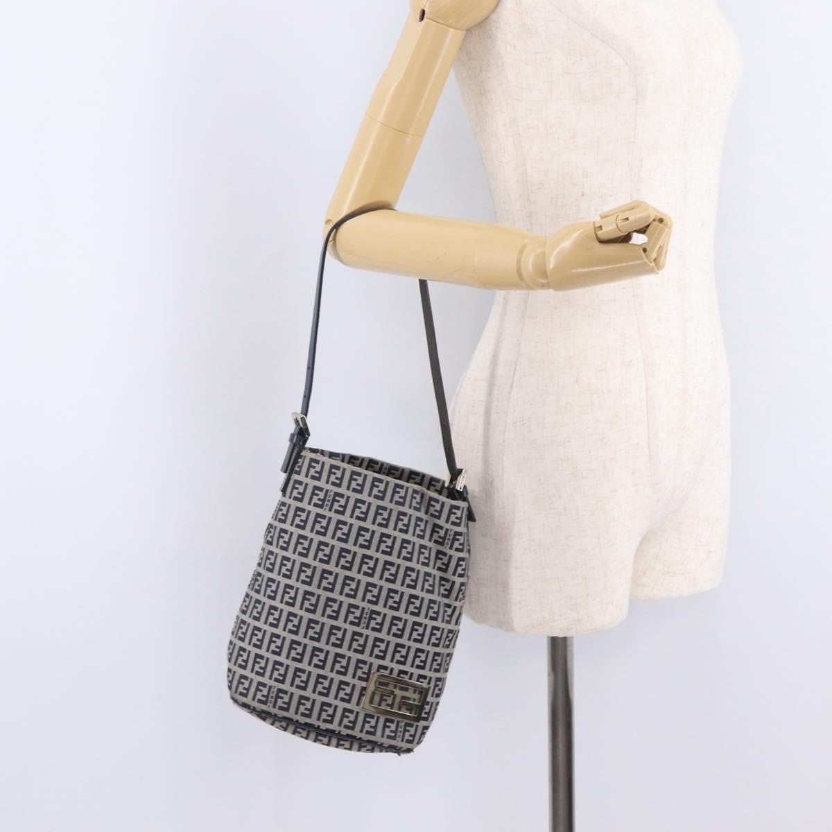 FENDI Zucchino Canvas Hand Bag Navy Silver Auth 210099
