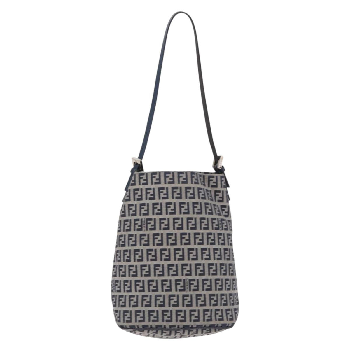 FENDI Zucchino Canvas Hand Bag Navy Silver Auth 210099
