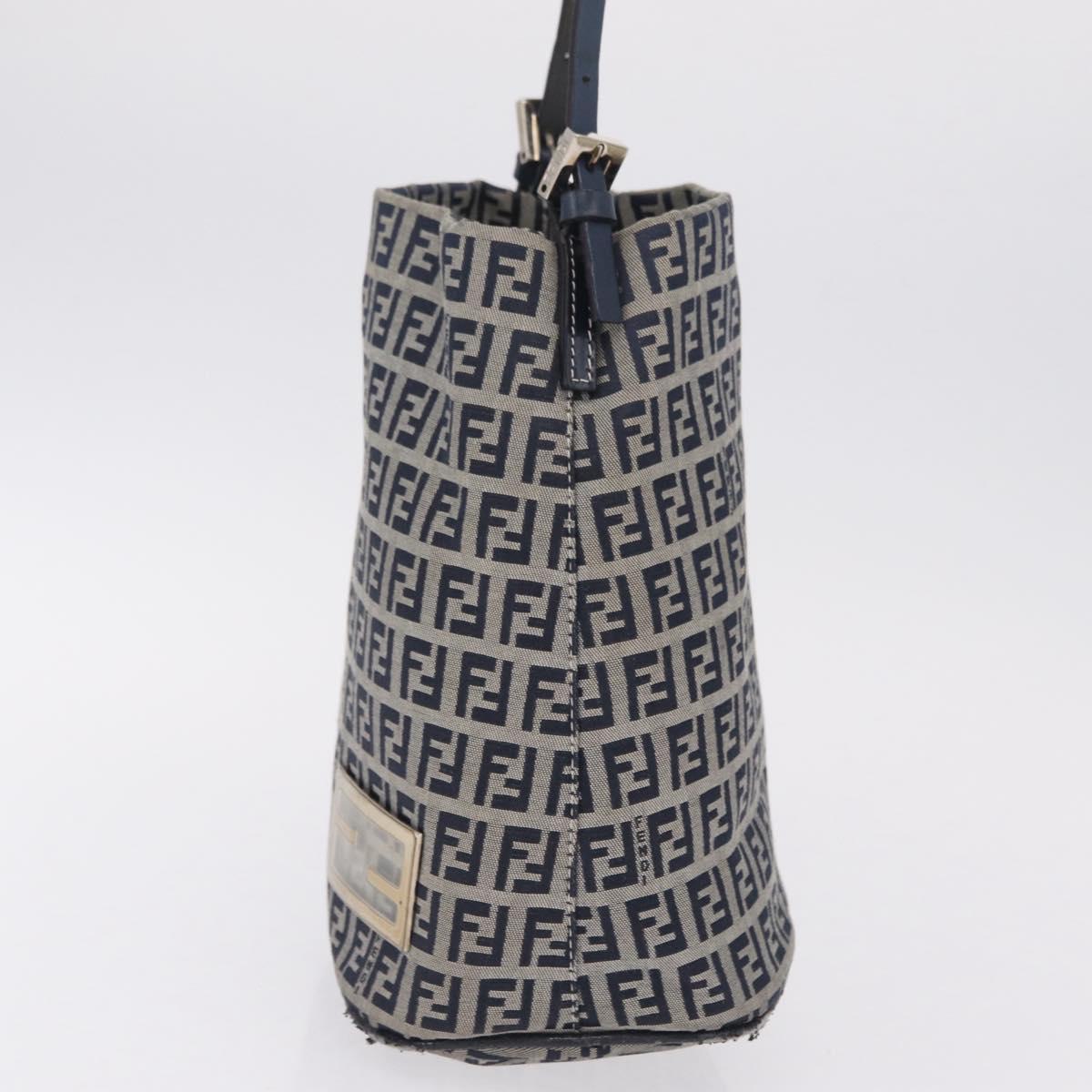 FENDI Zucchino Canvas Hand Bag Navy Silver Auth 210099