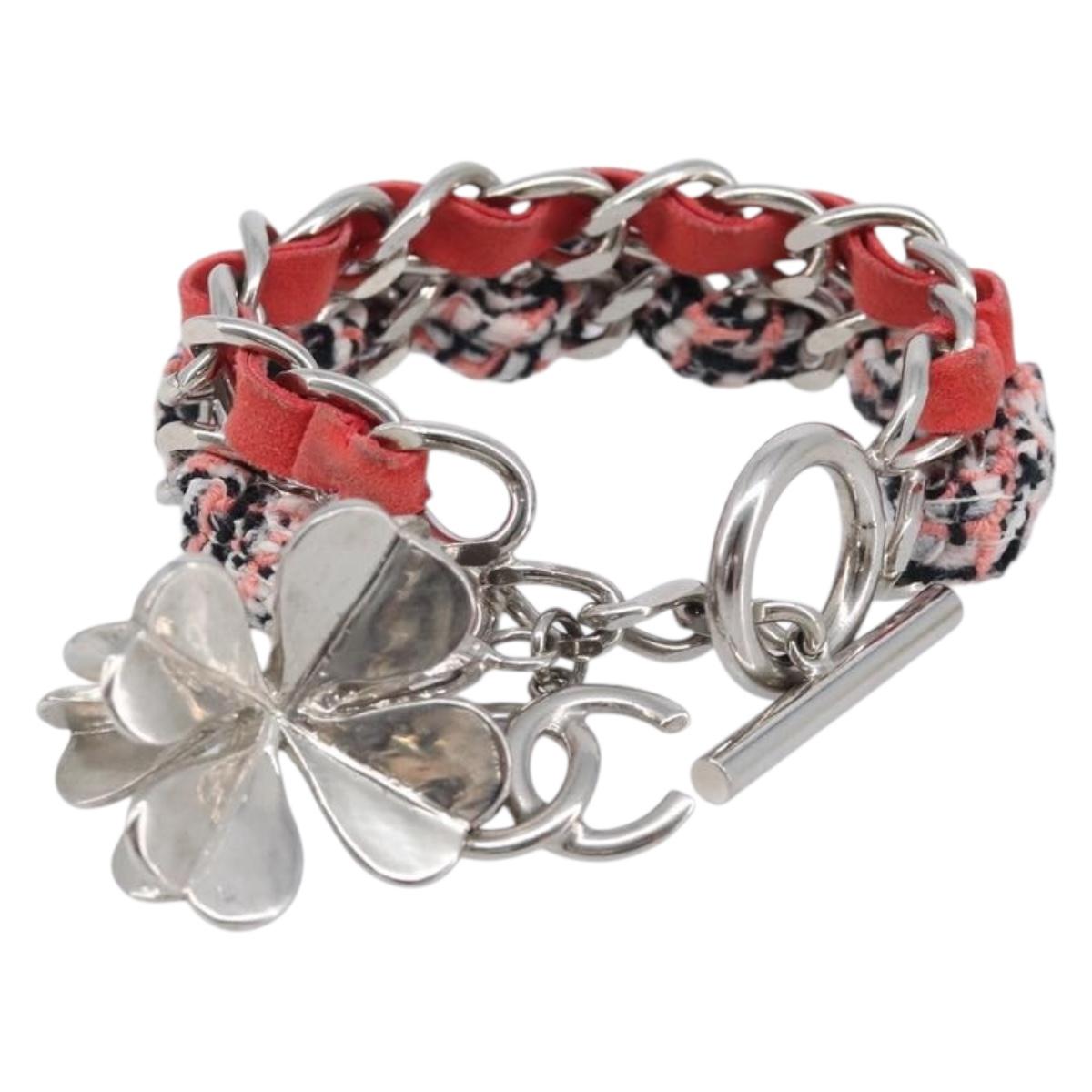 CHANEL Bracelet Tweed Multicolor Silver CC Auth 210120V