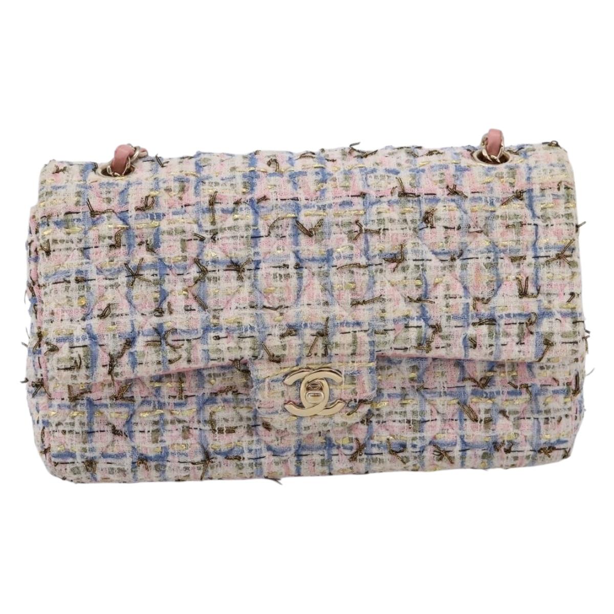 CHANEL Chain Matelasse25 Shoulder Bag Tweed Multicolor Gold CC Auth 210135SM