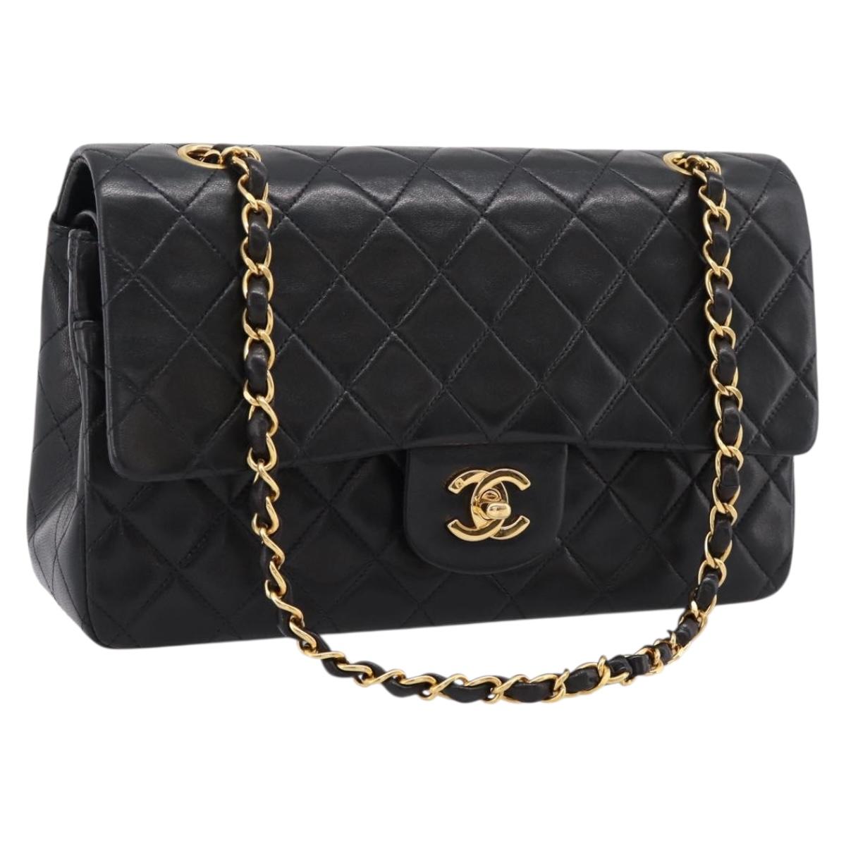 CHANEL Matelasse 25 Chain Shoulder Bag Lamb Skin Black Gold CC Auth 210136SAM