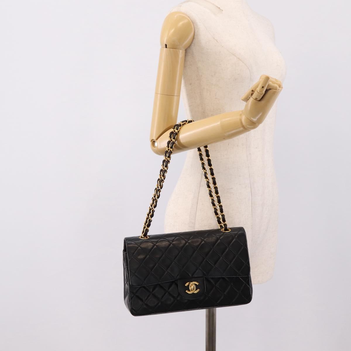 CHANEL Matelasse 25 Chain Shoulder Bag Lamb Skin Black Gold CC Auth 210136SAM