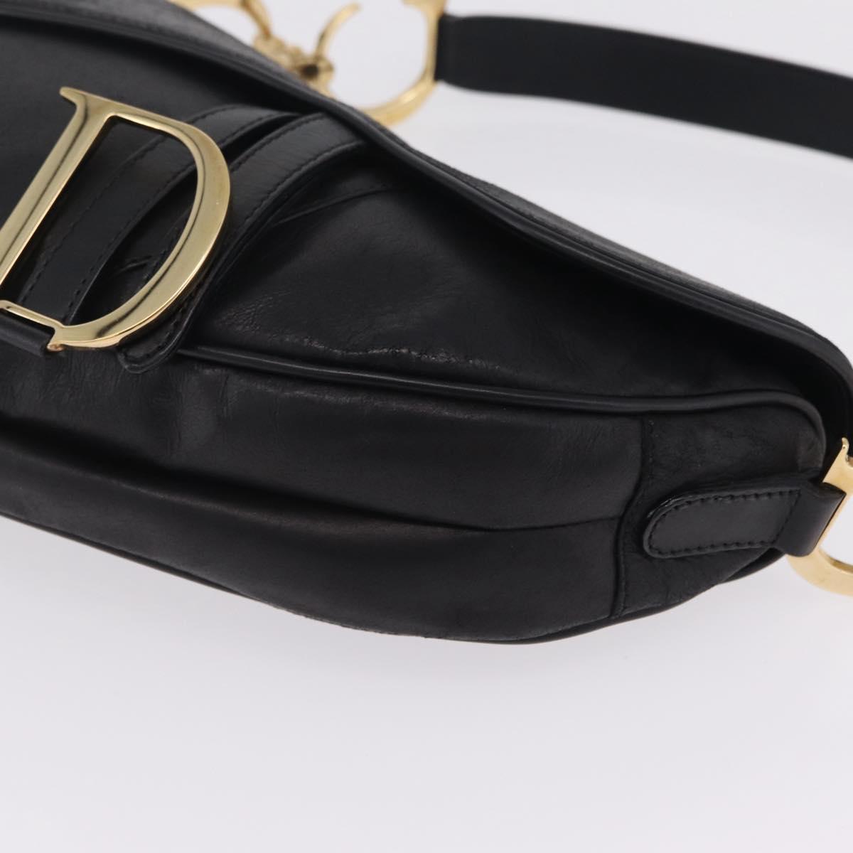 Christian Dior Saddle Shoulder Bag Leather Black Gold Auth 210137M