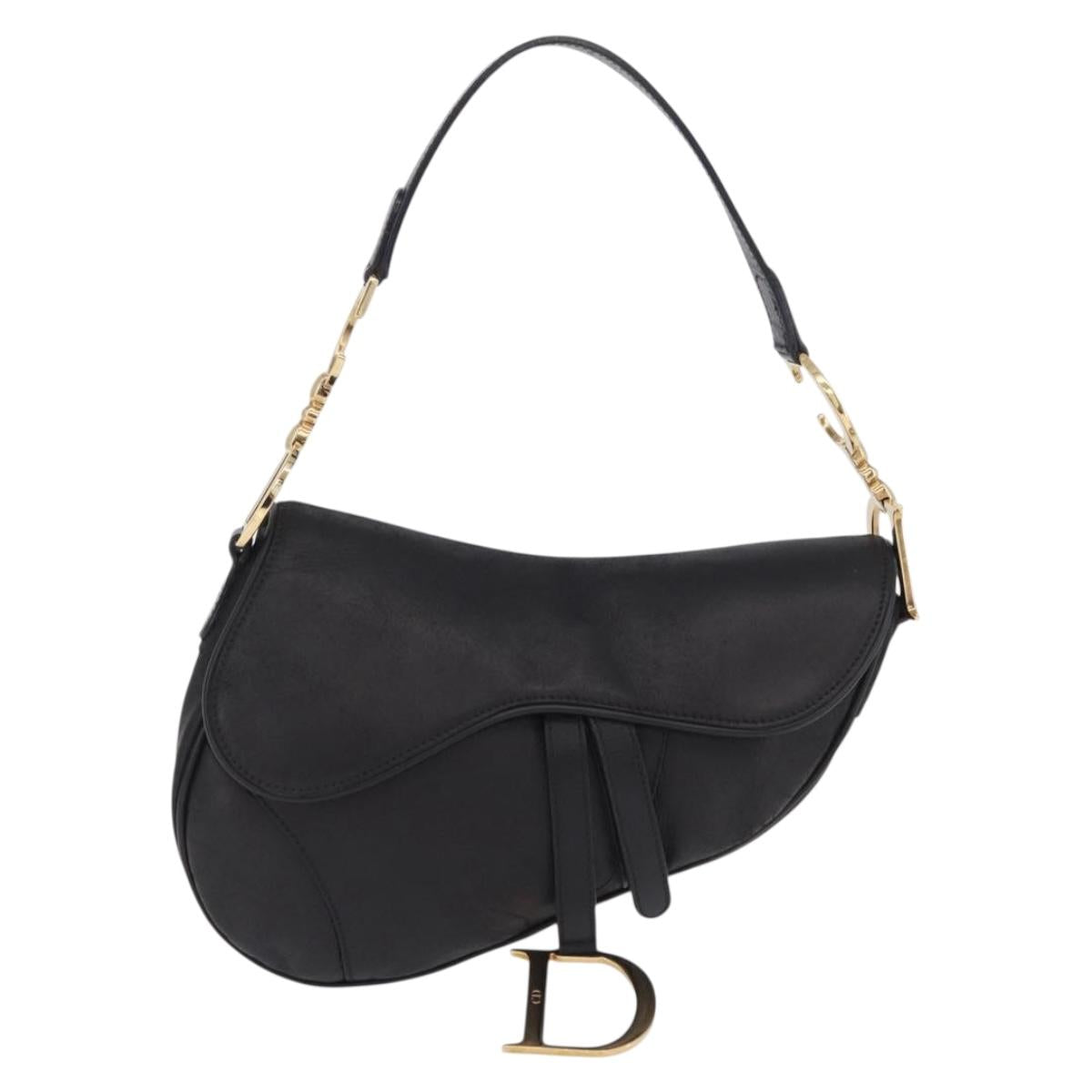 Christian Dior Saddle Shoulder Bag Leather Black Gold Auth 210137M