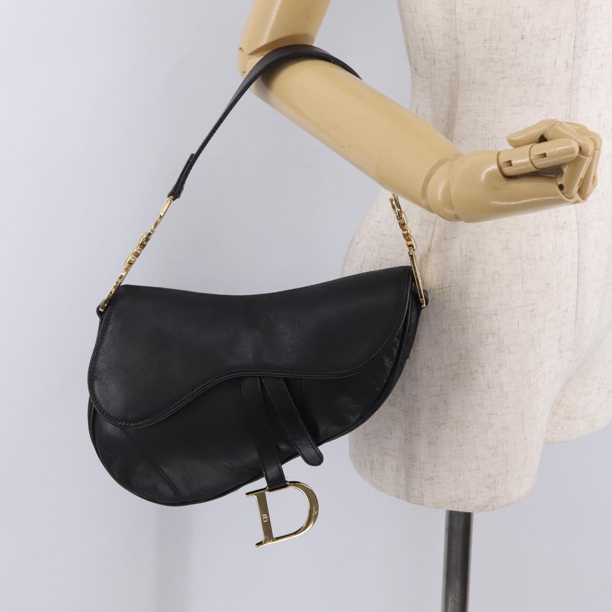 Christian Dior Saddle Shoulder Bag Leather Black Gold Auth 210137M