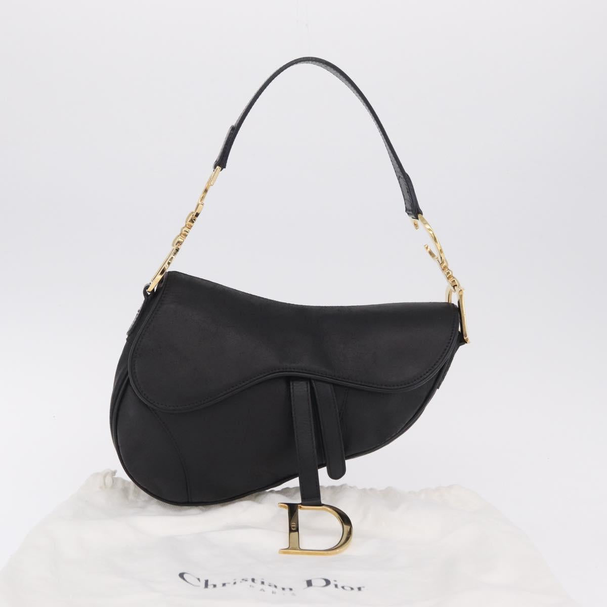 Christian Dior Saddle Shoulder Bag Leather Black Gold Auth 210137M