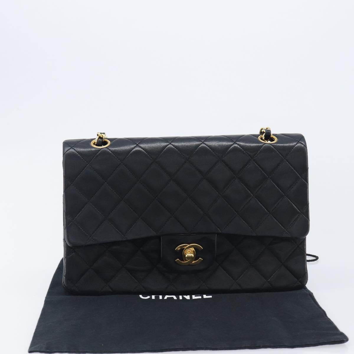 CHANEL Matelasse25 Chain Shoulder Bag Lamb Skin Black Gold CC Auth 210139SAM