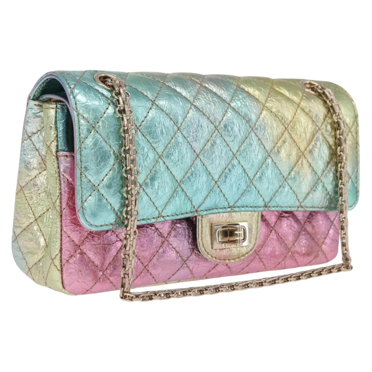 CHANEL 2.55 Matelasse Chain Bag Leather Multicolor Gold CC Auth 210143SM