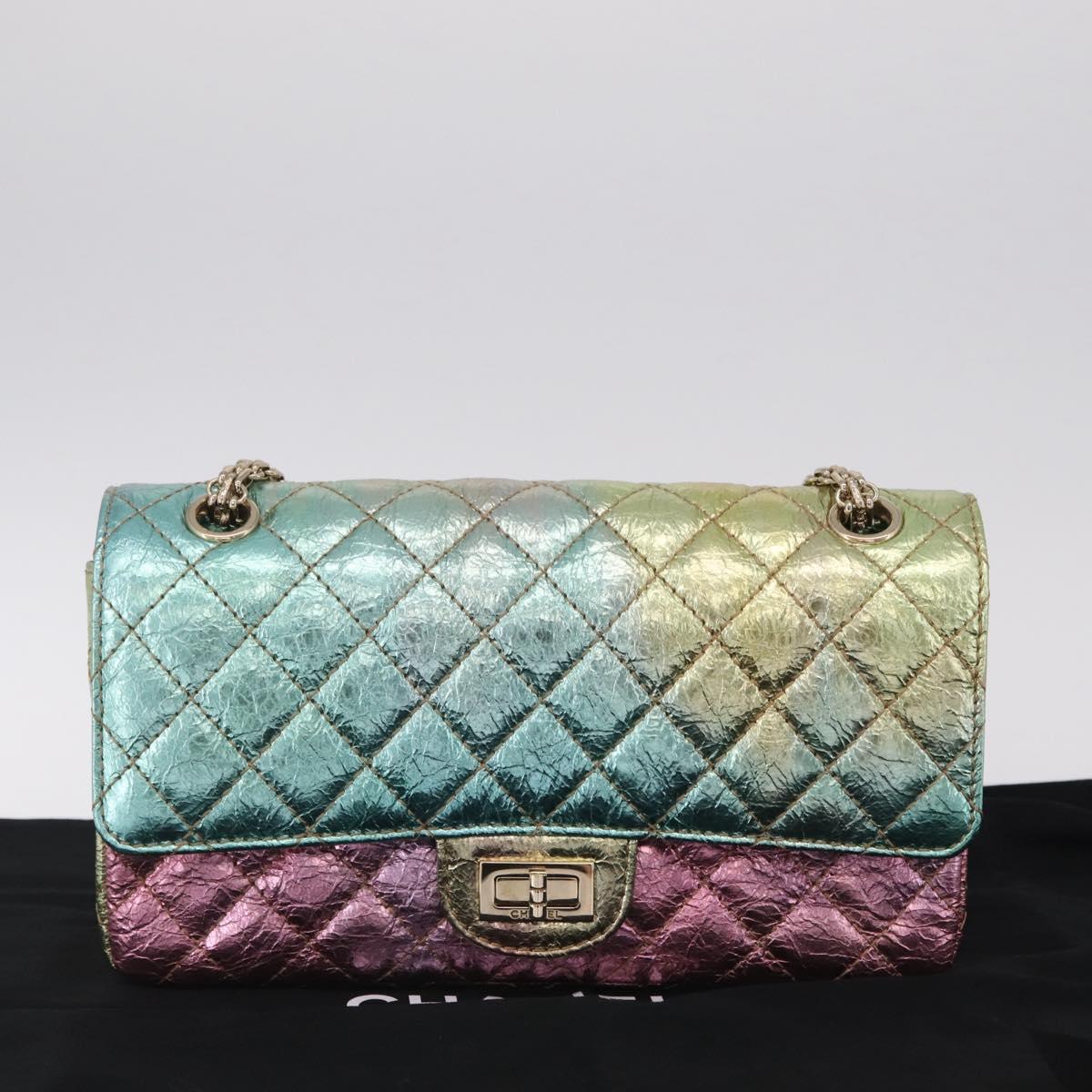 CHANEL 2.55 Matelasse Chain Bag Leather Multicolor Gold CC Auth 210143SM