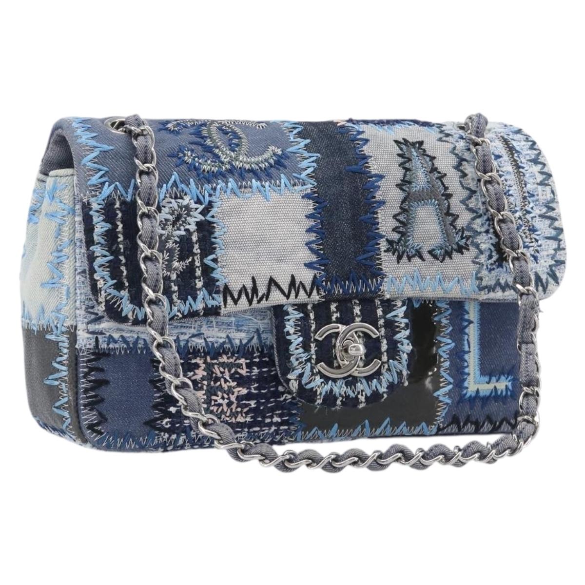 CHANEL Chain Patchwork Shoulder Bag Denim Blue Silver CC Auth 210149SM