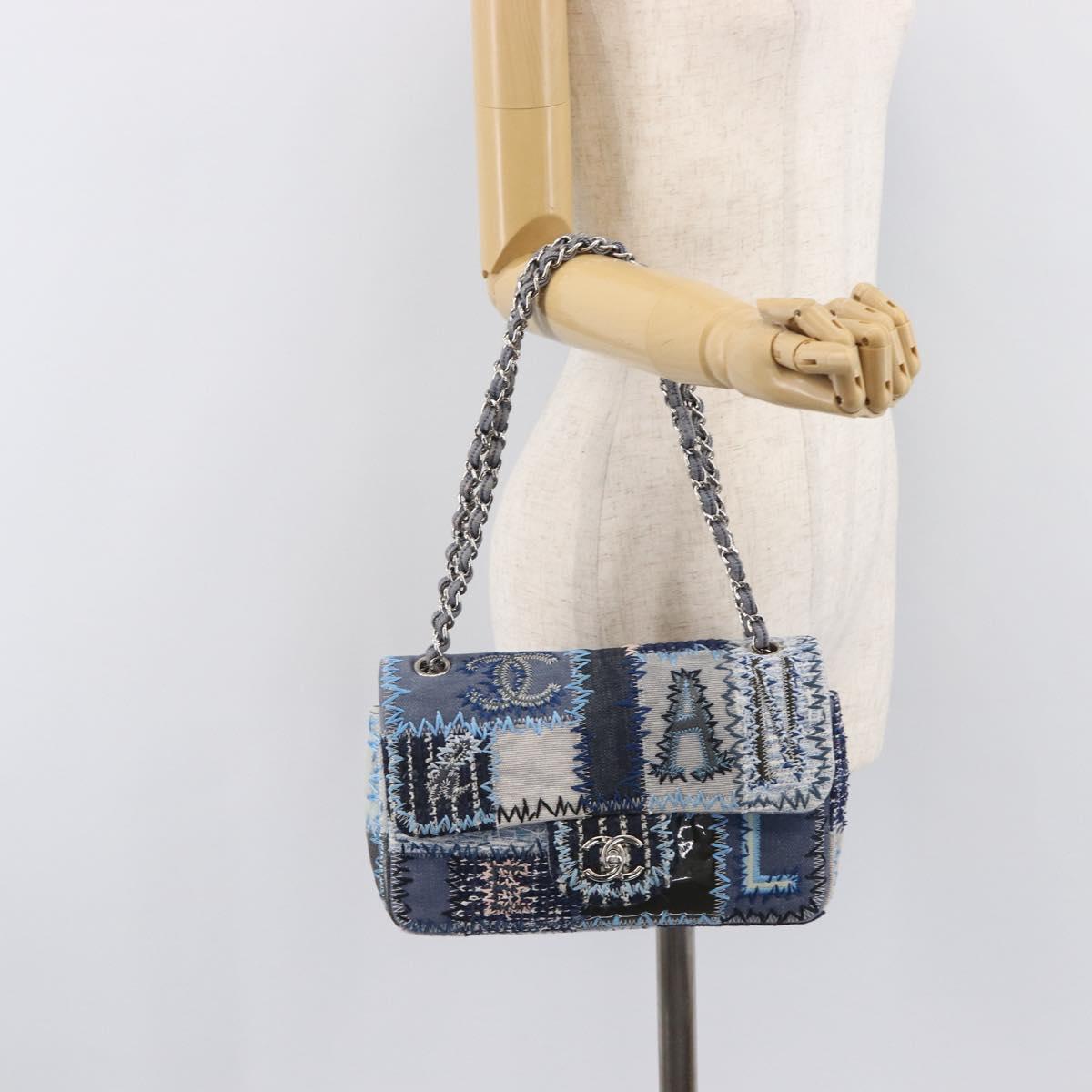 CHANEL Chain Patchwork Shoulder Bag Denim Blue Silver CC Auth 210149SM