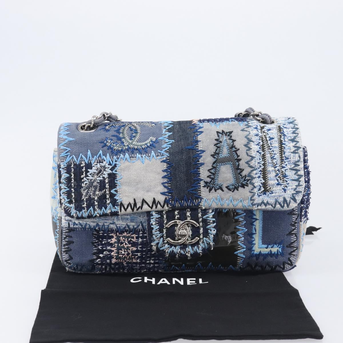 CHANEL Chain Patchwork Shoulder Bag Denim Blue Silver CC Auth 210149SM
