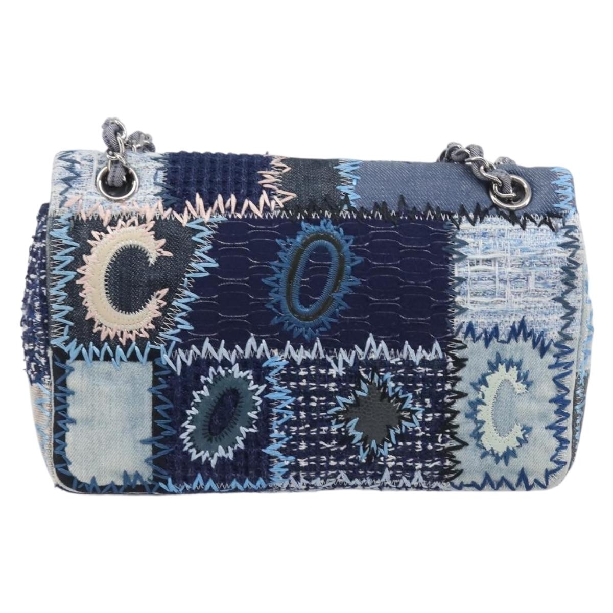 CHANEL Chain Patchwork Shoulder Bag Denim Blue Silver CC Auth 210149SM