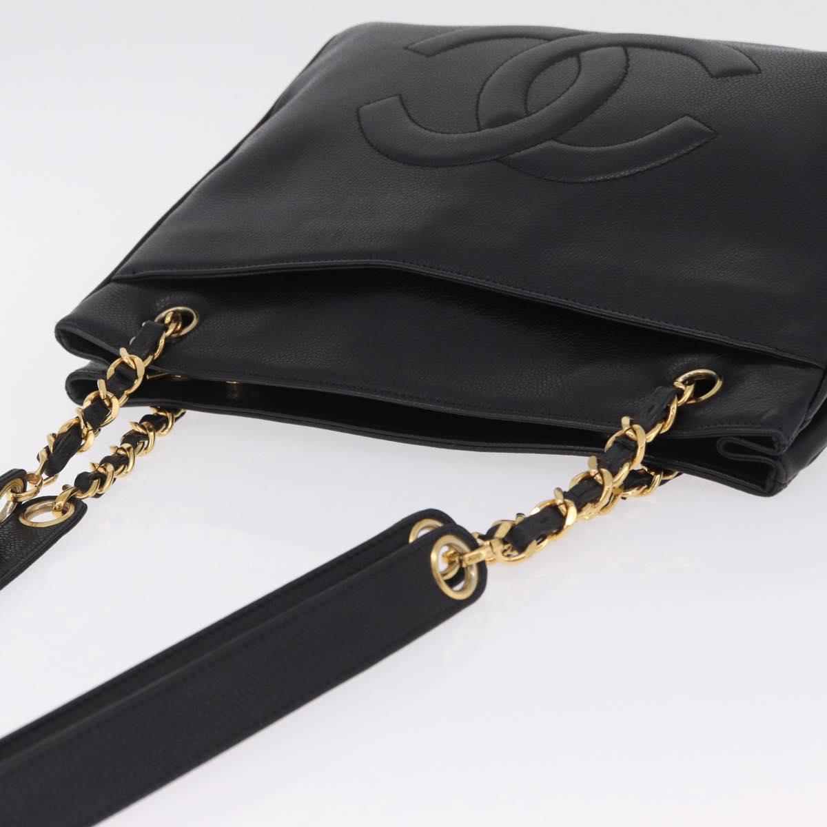 CHANEL Chain Shoulder Tote Bag Caviar Skin Black Gold CC Auth 210150V