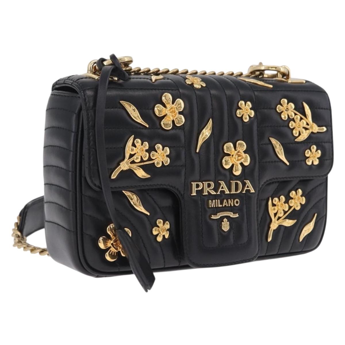PRADA Chain Shoulder Bag Leather Black Gold Auth 210161SM
