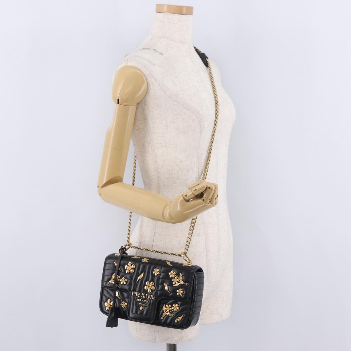 PRADA Chain Shoulder Bag Leather Black Gold Auth 210161SM