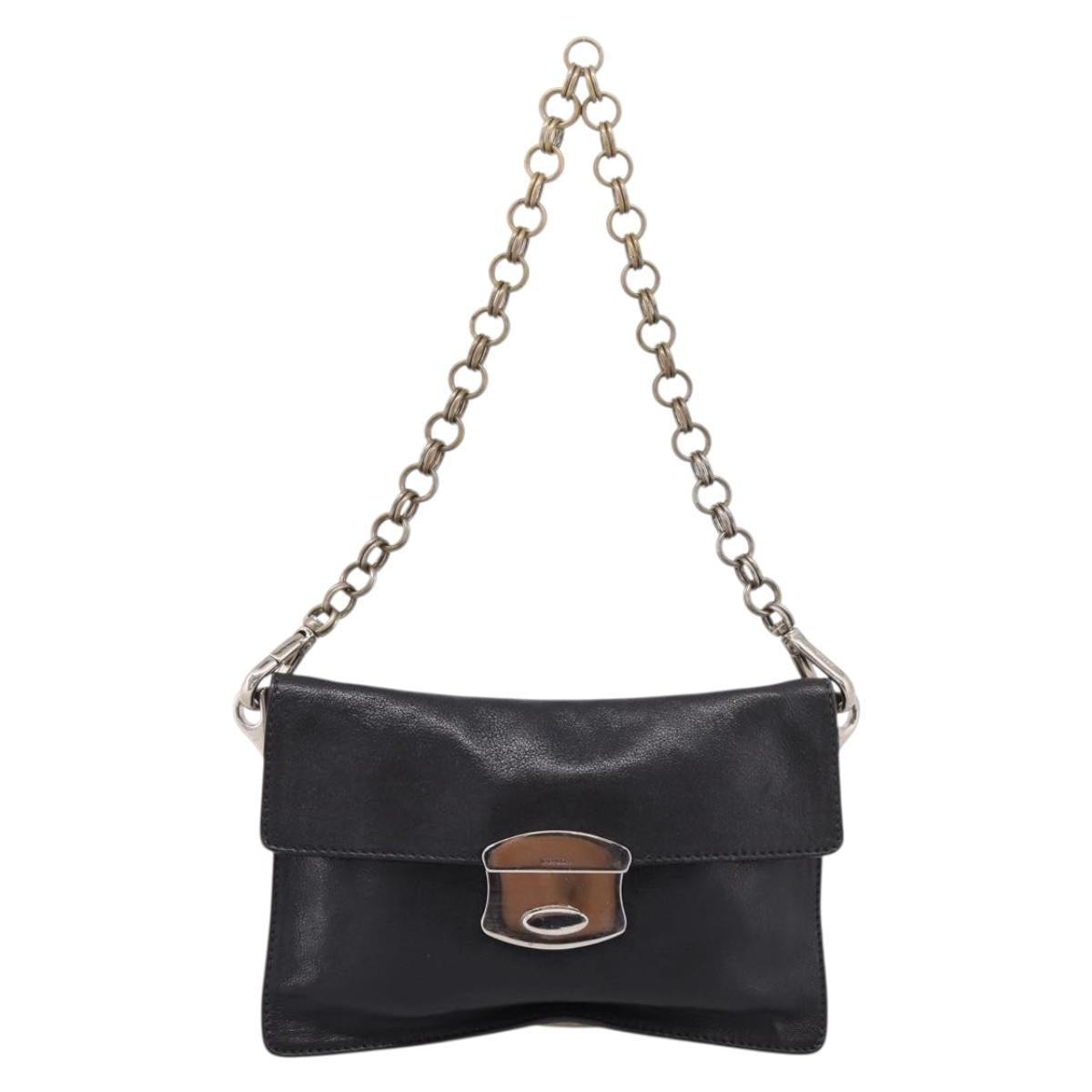 PRADA Chain Shoulder Bag Leather Black Silver Auth 210166A