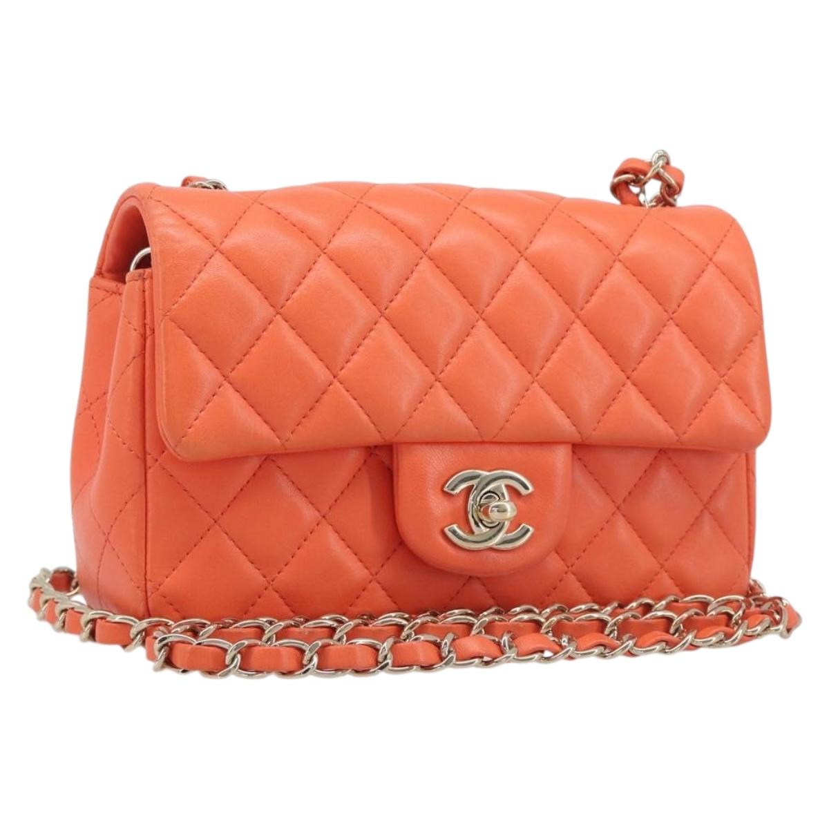 CHANEL Mini Matelasse 20 Chain Bag Lamb Skin Orange Gold CC Auth 210167SAM