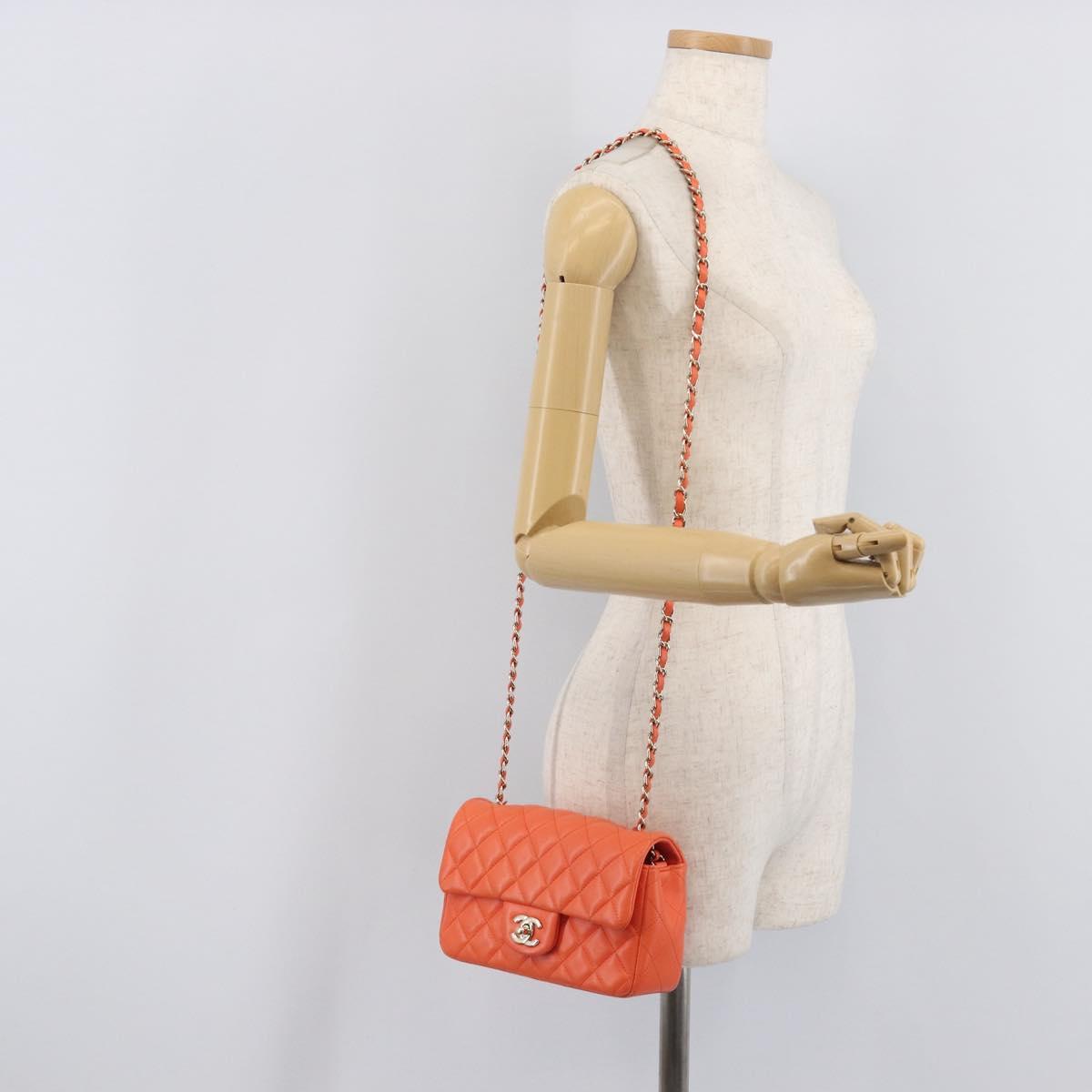 CHANEL Mini Matelasse 20 Chain Bag Lamb Skin Orange Gold CC Auth 210167SAM