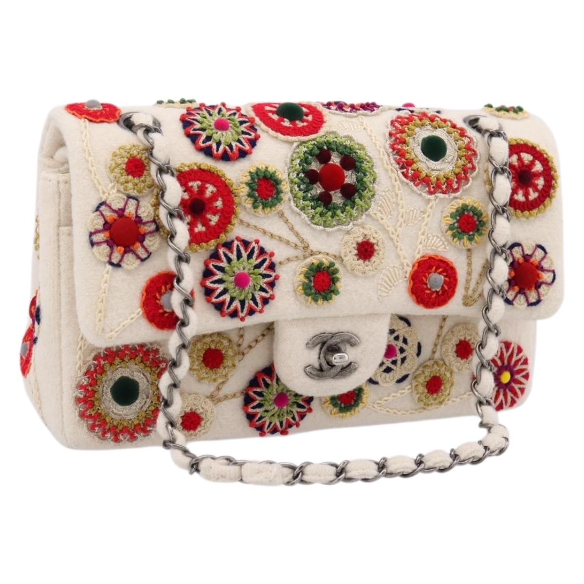 CHANEL Chain Shoulder Bag Canvas White Silver CC Auth 210168SM