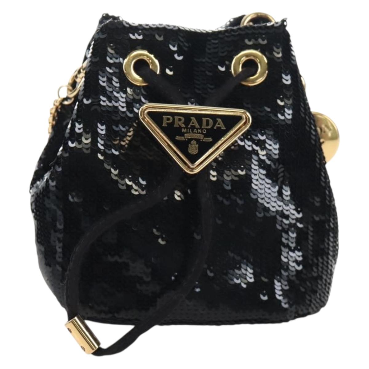 PRADA Chain Shoulder Pouch Sequin Black Gold Auth 210171M