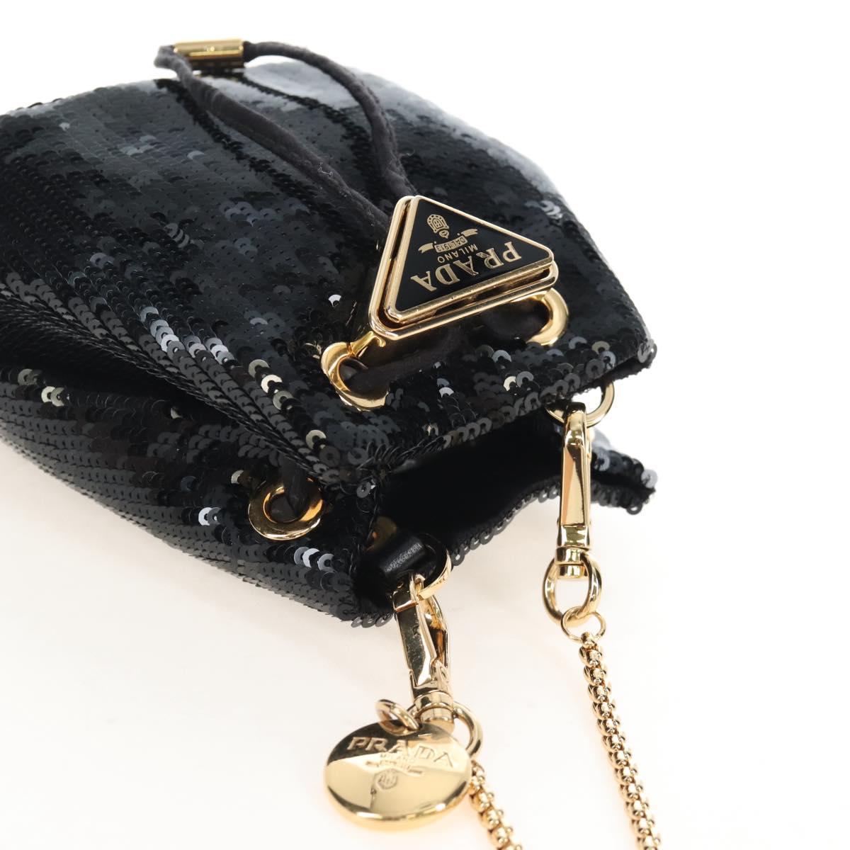 PRADA Chain Shoulder Pouch Sequin Black Gold Auth 210171M