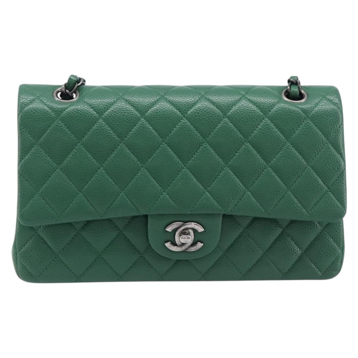 CHANEL Chain Matelasse25 Shoulder Bag Caviar Skin Green Silver CC Auth 210172SAM