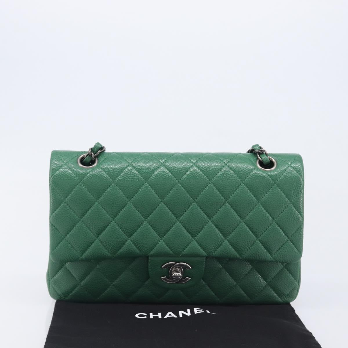 CHANEL Chain Matelasse25 Shoulder Bag Caviar Skin Green Silver CC Auth 210172SAM