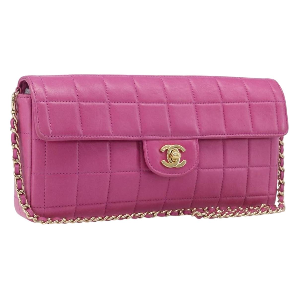 CHANEL Choco Bar Chain Shoulder Bag Lamb Skin Pink Gold CC Auth 210173M