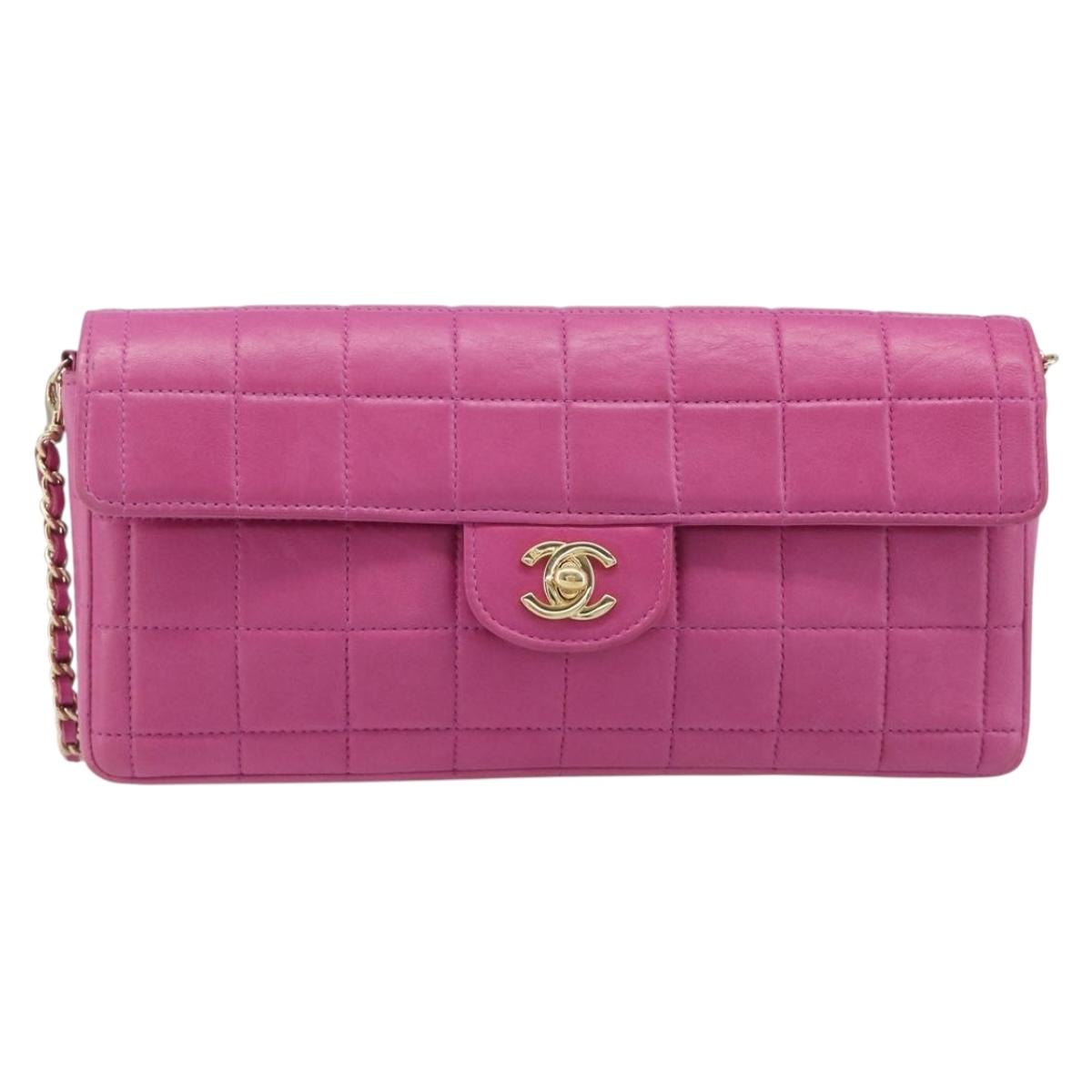 CHANEL Choco Bar Chain Shoulder Bag Lamb Skin Pink Gold CC Auth 210173M