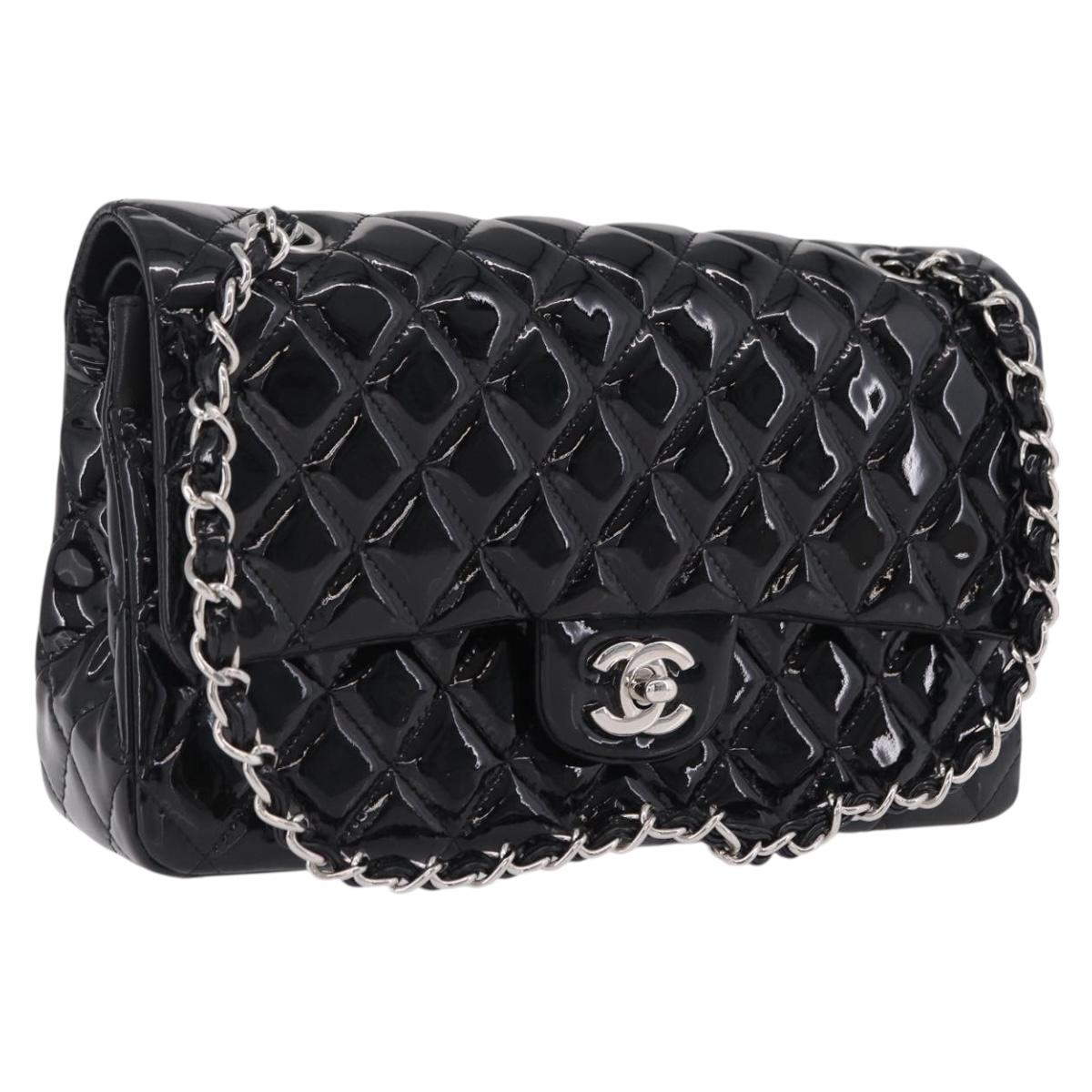 CHANEL Chain Matelasse25 Bag Patent Leather Black Silver CC Auth 210175SAM