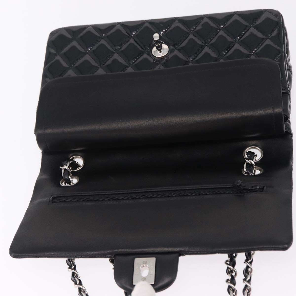 CHANEL Chain Matelasse25 Bag Patent Leather Black Silver CC Auth 210175SAM