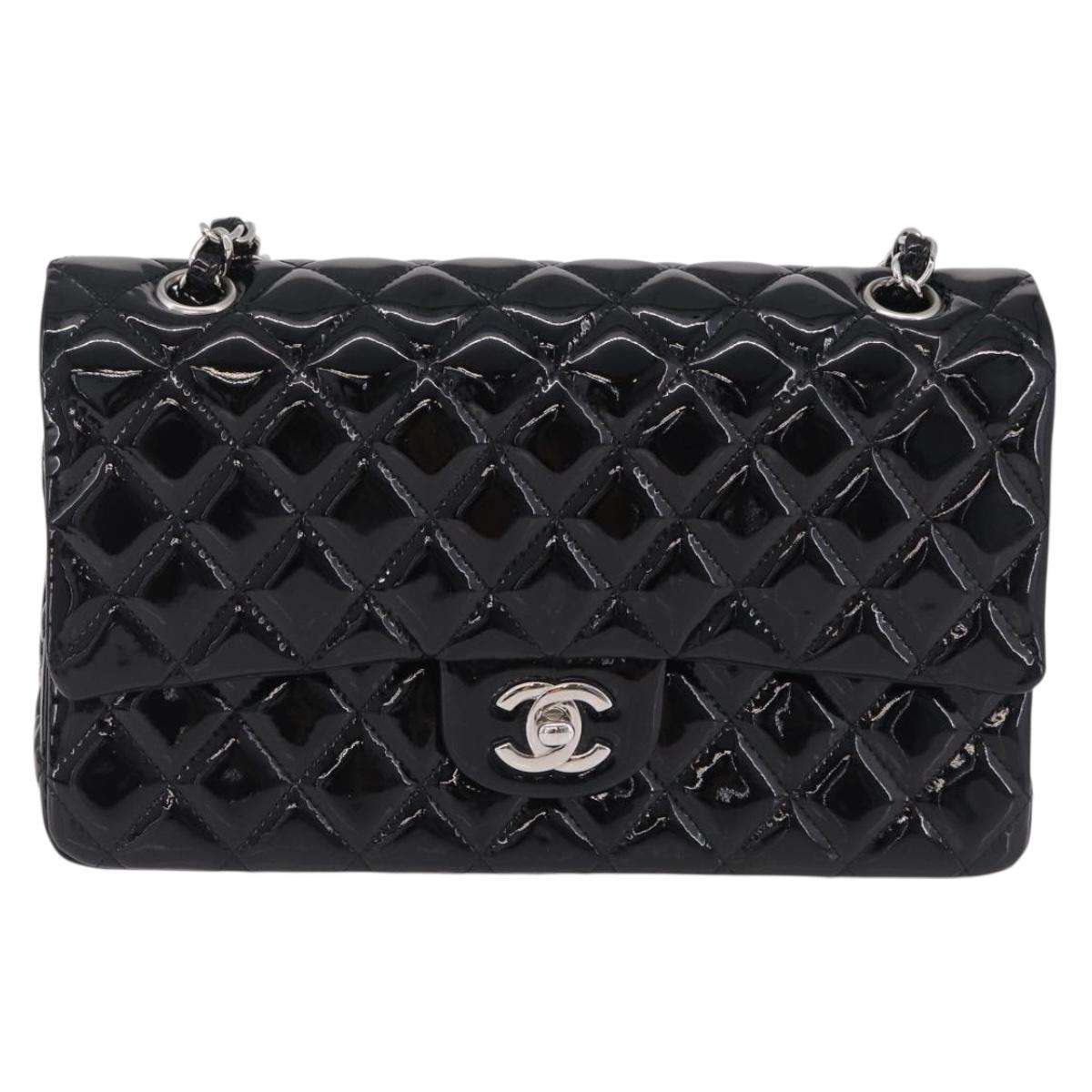 CHANEL Chain Matelasse25 Bag Patent Leather Black Silver CC Auth 210175SAM